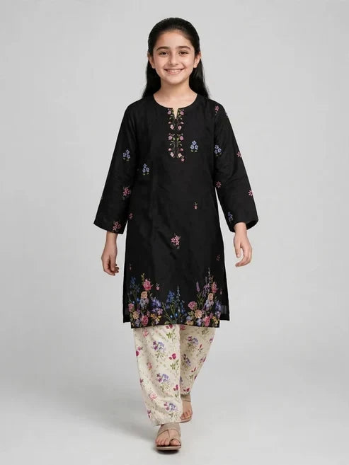 Girls Black Floral Printed Co Ord Set