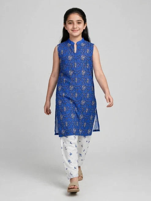 Girls Blue Printed Sleeveless Co Ord Set (Sleeves Included)
