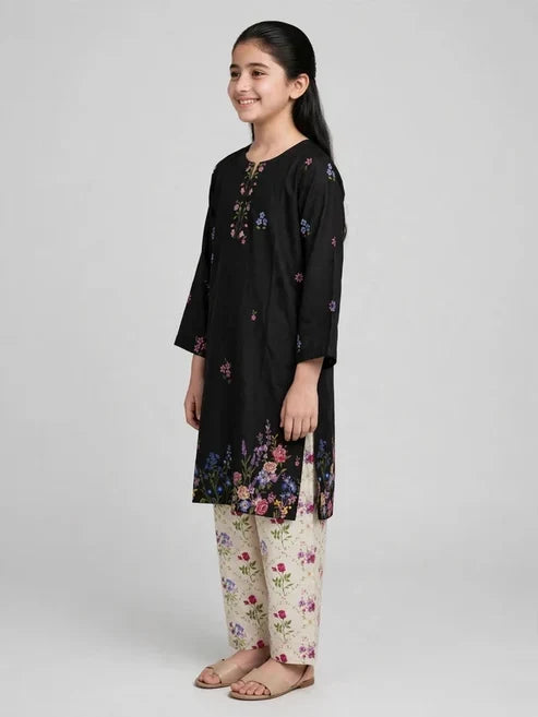 Girls Black Floral Printed Co Ord Set
