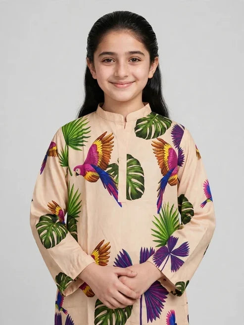 Girls Beige Printed Co Ord Set