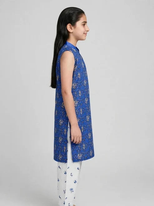 Girls Blue Printed Sleeveless Co Ord Set (Sleeves Included)
