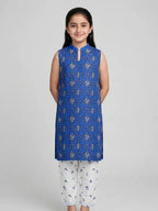 Girls Blue Printed Sleeveless Co Ord Set (Sleeves Included)