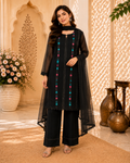 Elegant Chiffon Embroidered 3 Piece Women's Fancy Suit-Black