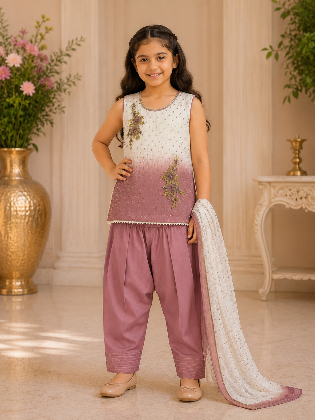 Kids Tie & Dye Embroidered Suit with Dupatta