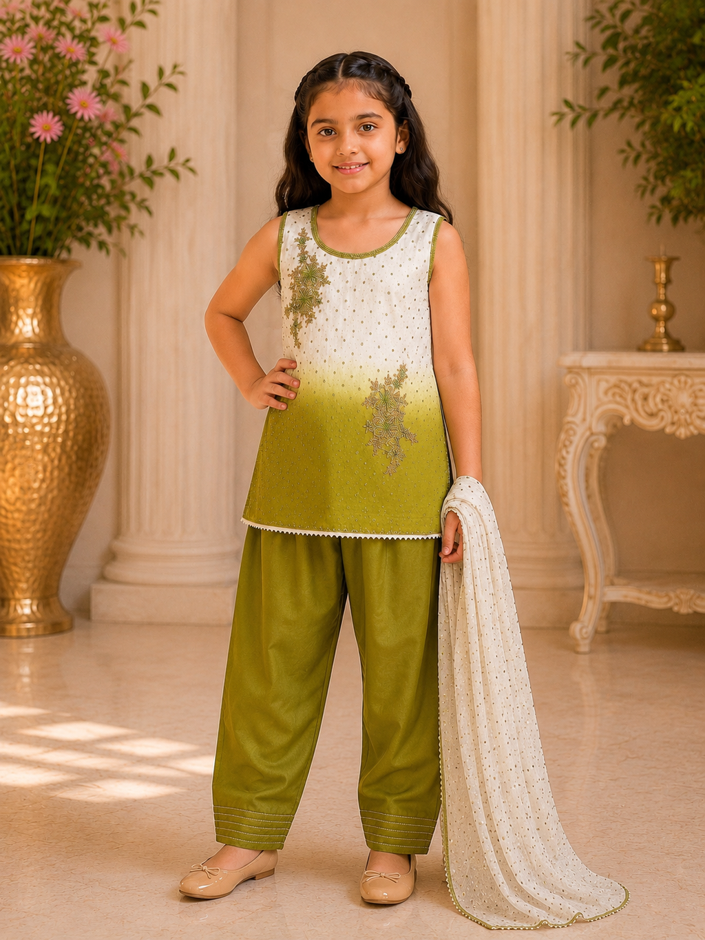 Kids Tie & Dye Embroidered Suit with Dupatta