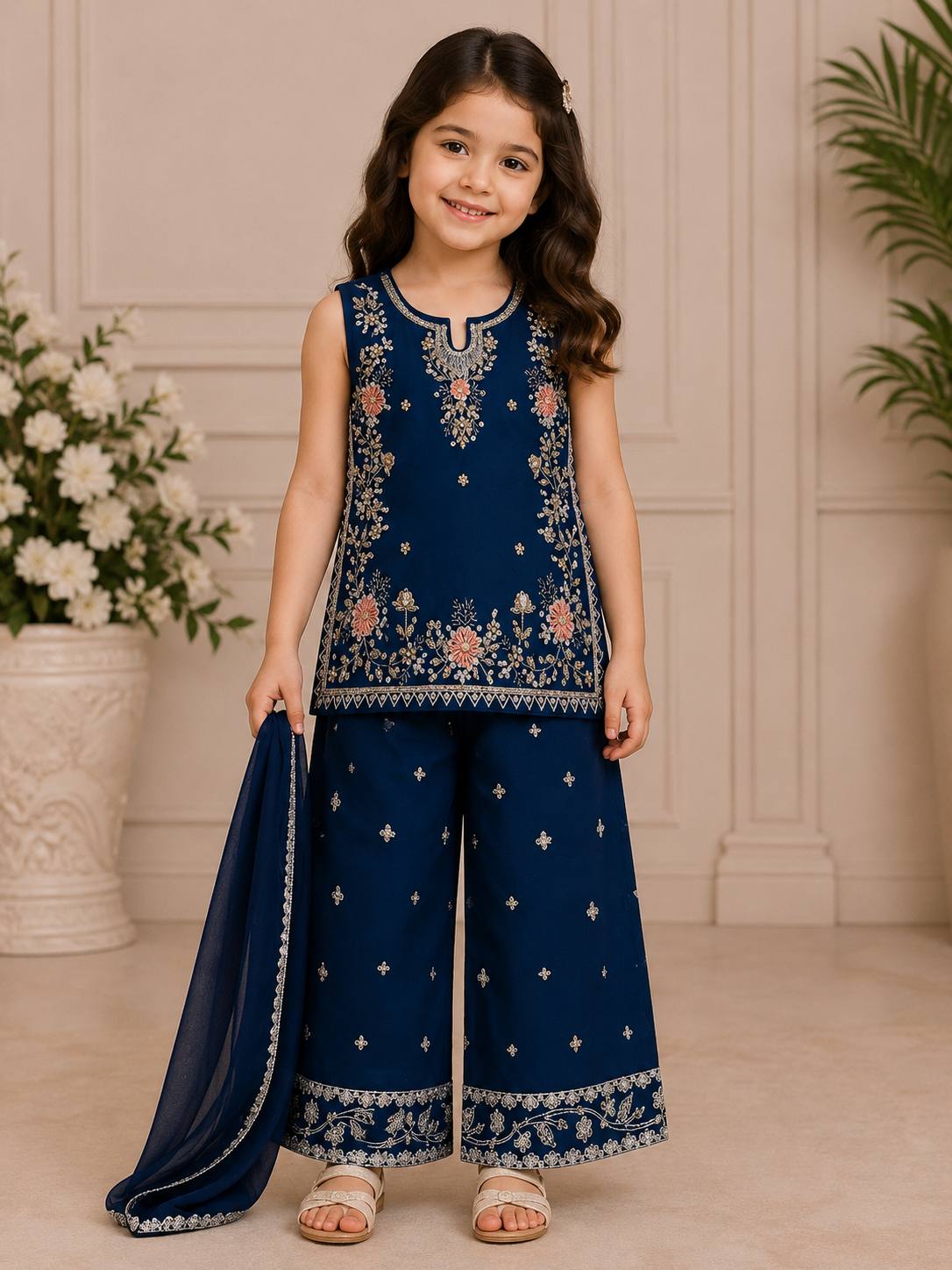 Kids Embroidered 3 Piece Flapper Suit with Dupatta