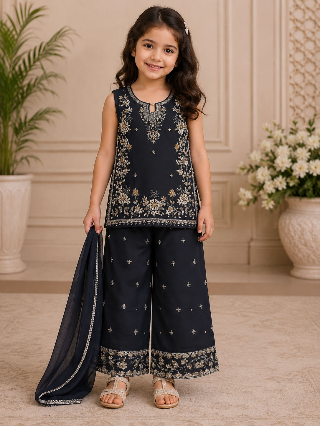 Kids Embroidered 3 Piece Flapper Suit with Dupatta