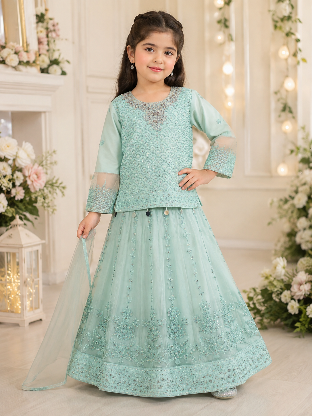 Girls Embroidered Sequined 3-Piece Lehenga Choli