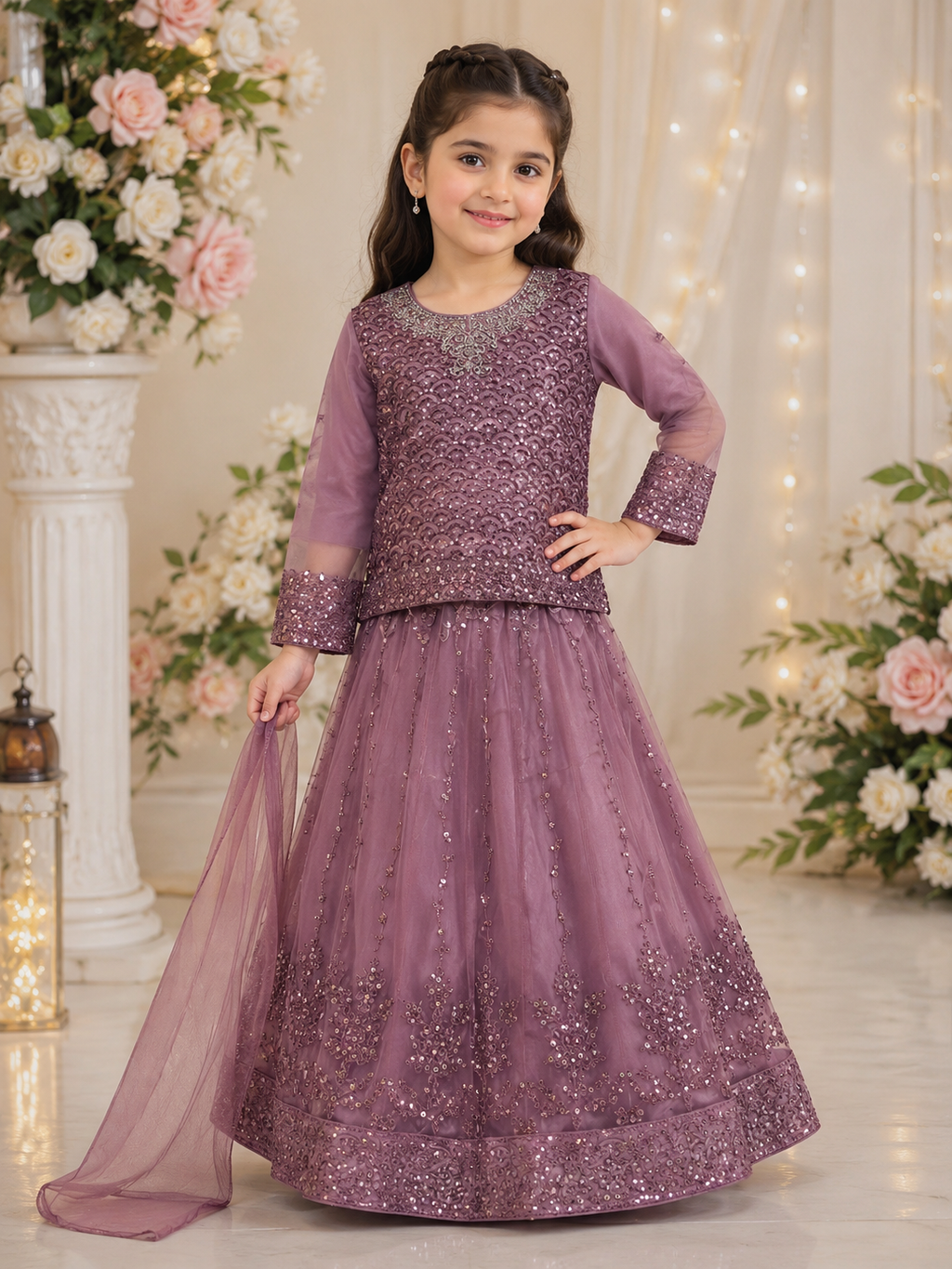 Girls Embroidered Sequined 3-Piece Lehenga Choli