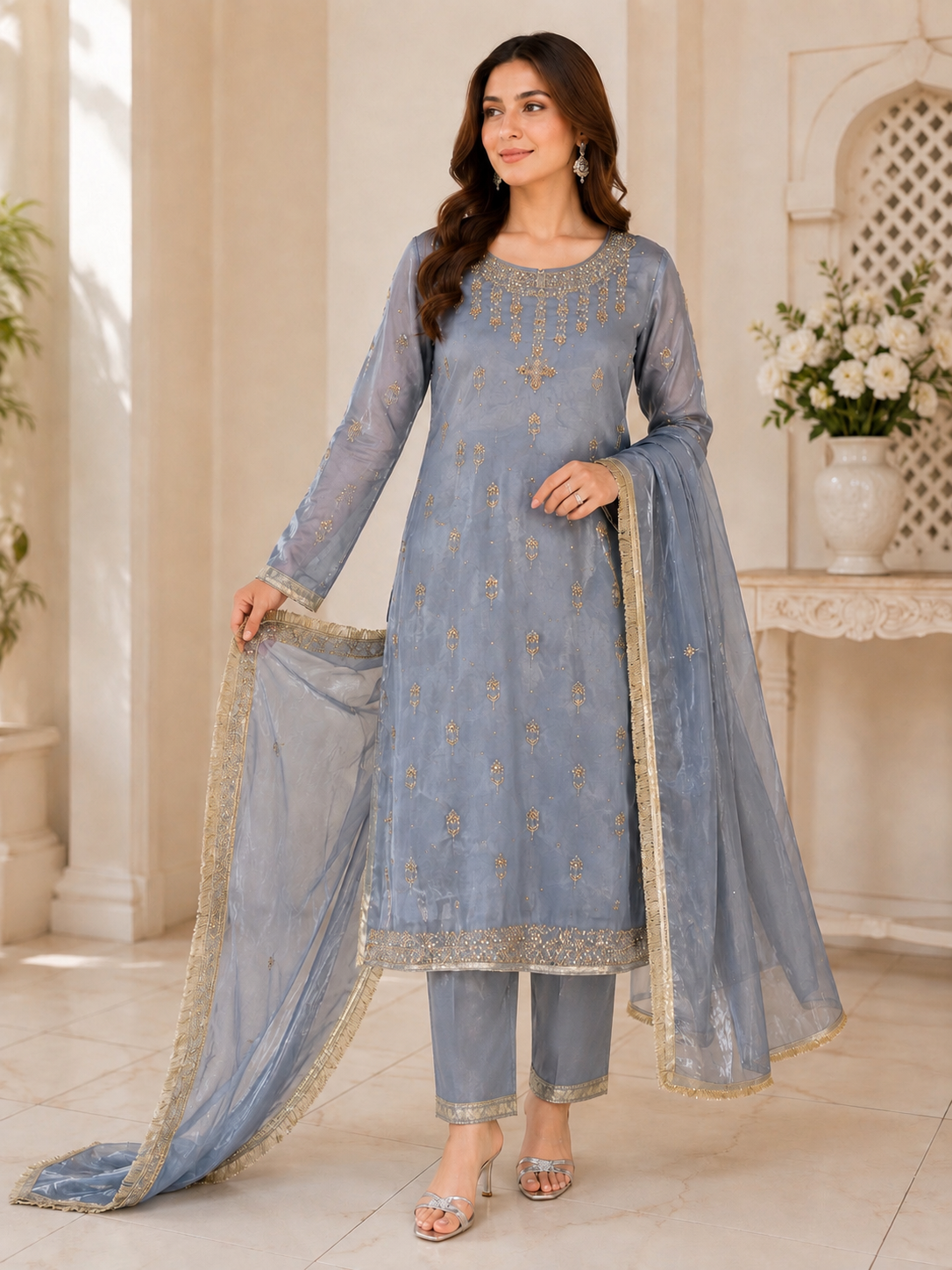 Dusty Blue Embroidered Fancy 3-Piece Suit