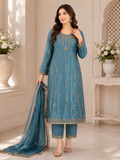 Teal Blue Embroidered Fancy 3-Piece Suit
