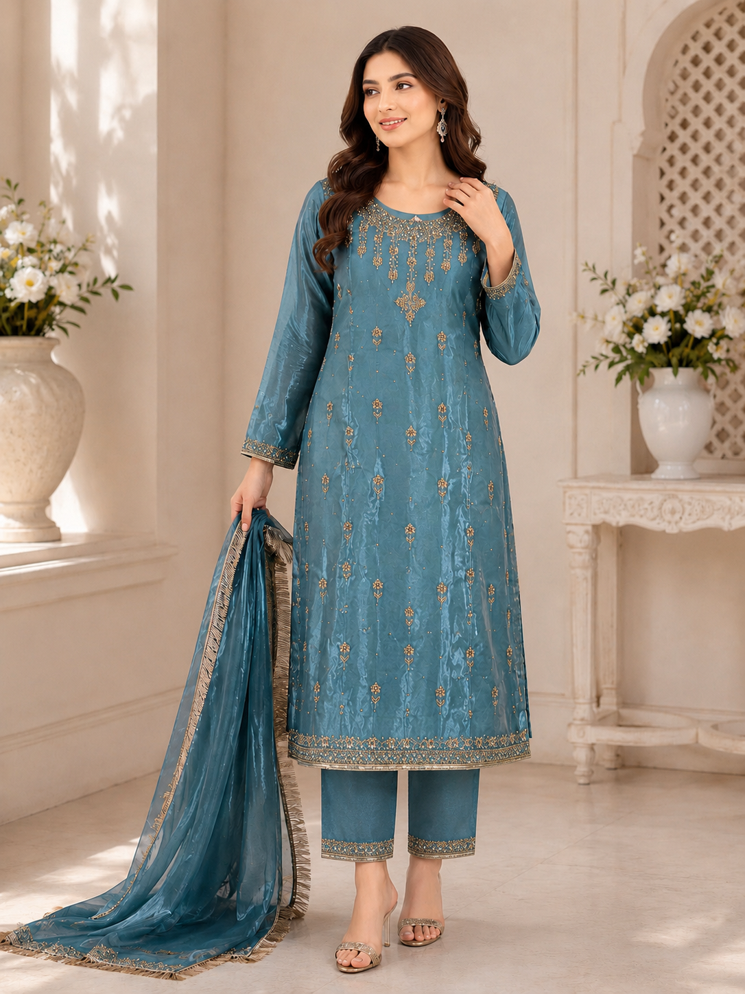 Teal Blue Embroidered Fancy 3-Piece Suit
