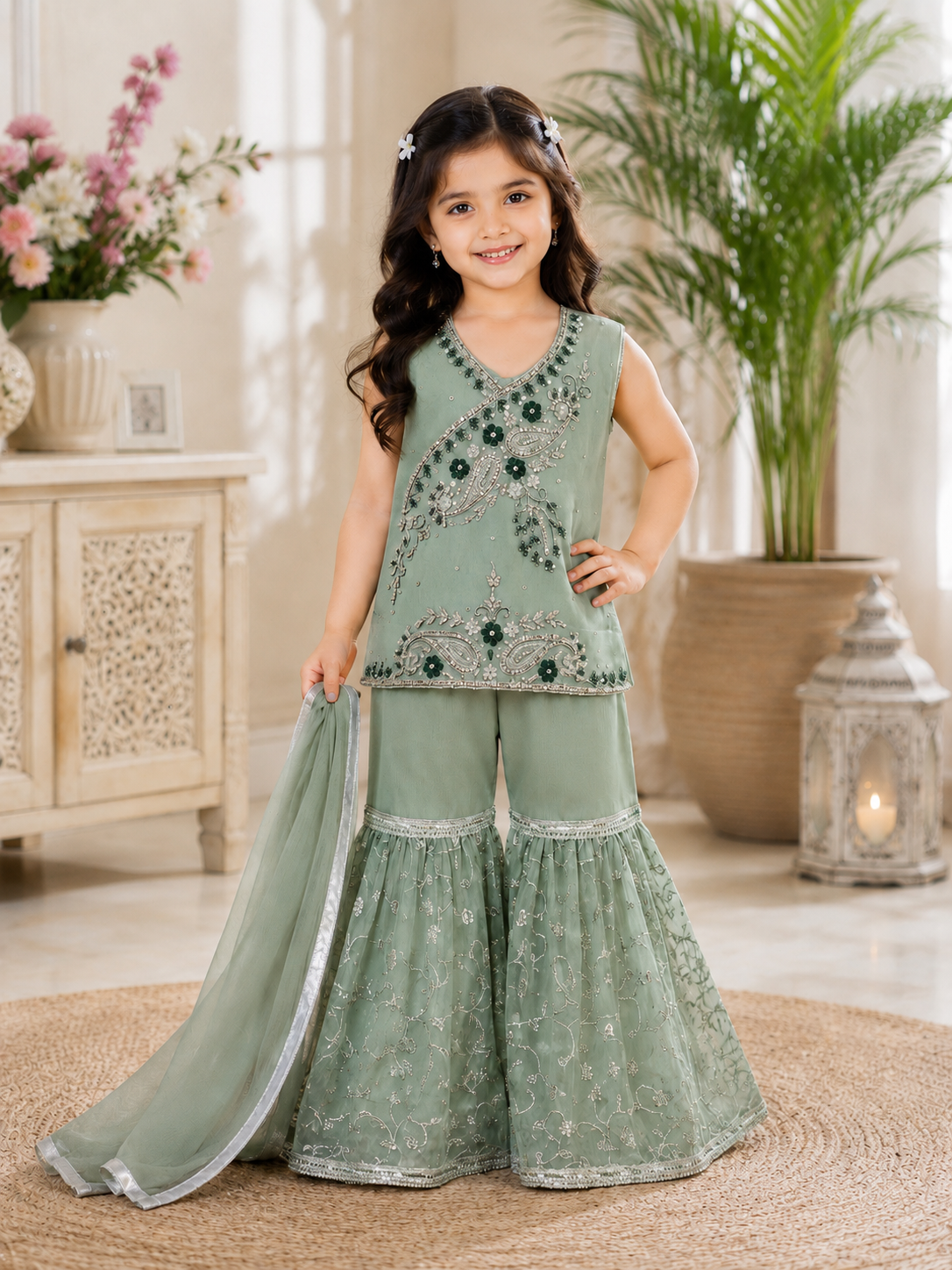Girls Sage Green Embroidered 3-Piece Garara Dress
