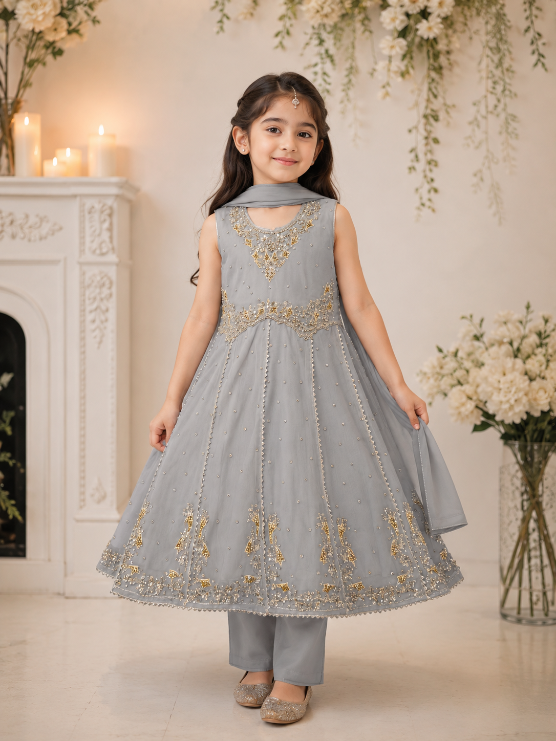 Girls Black & Ivory Grey Embroidered 3-Piece Party Wear Suit