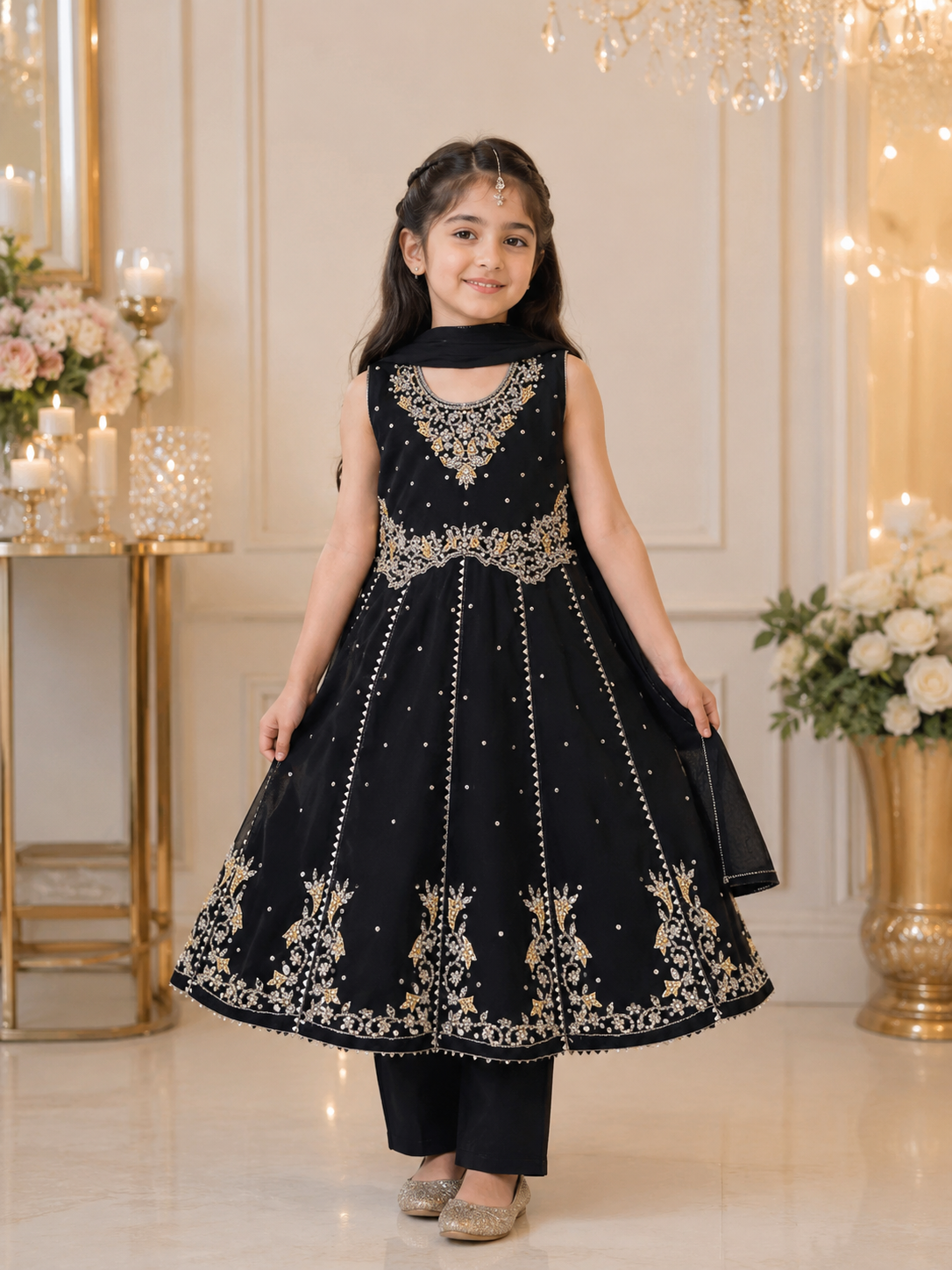 Girls Black & Ivory Grey Embroidered 3-Piece Party Wear Suit