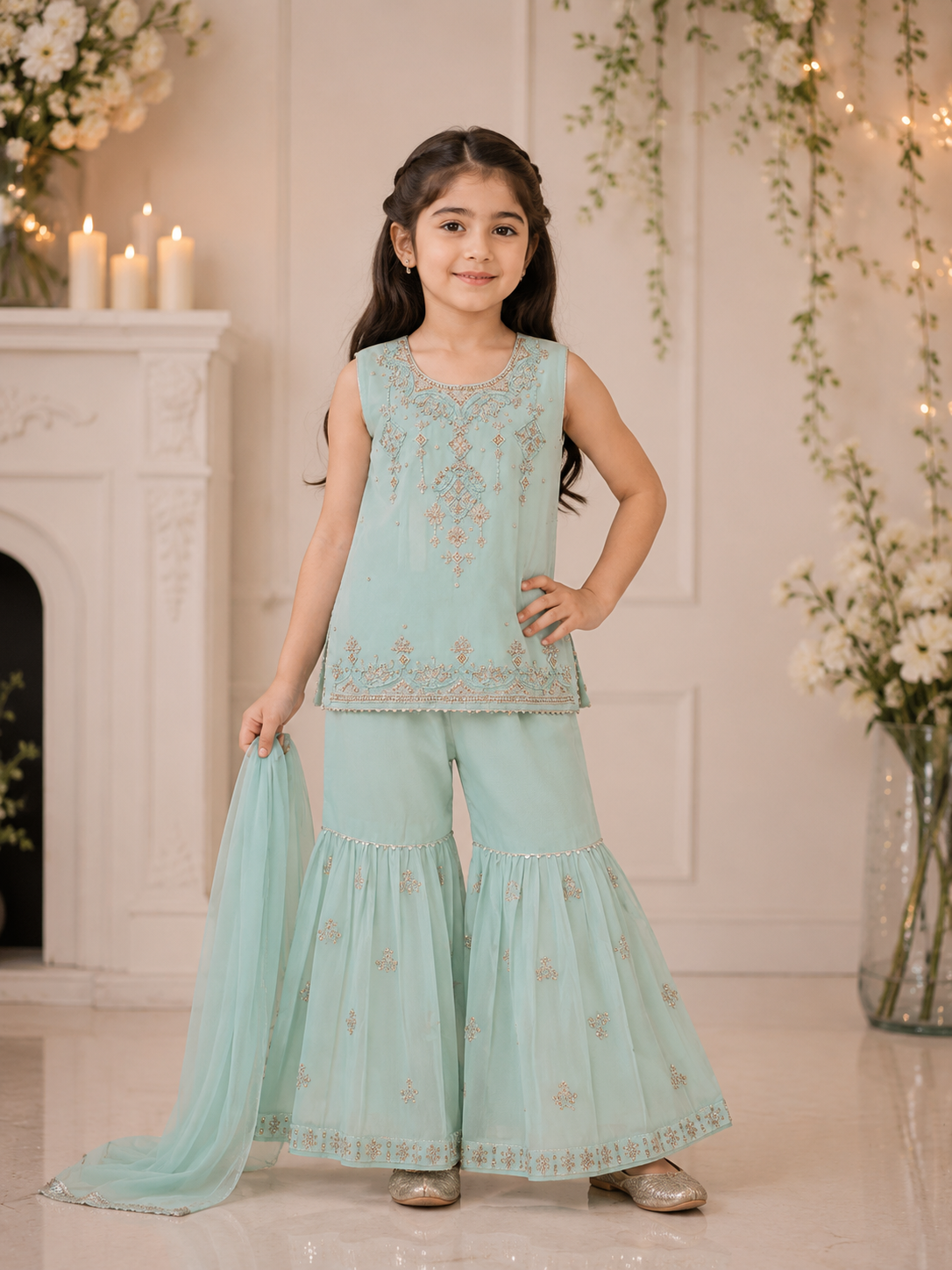 Girls Handwork 3 Piece Embroidered Garara Suit
