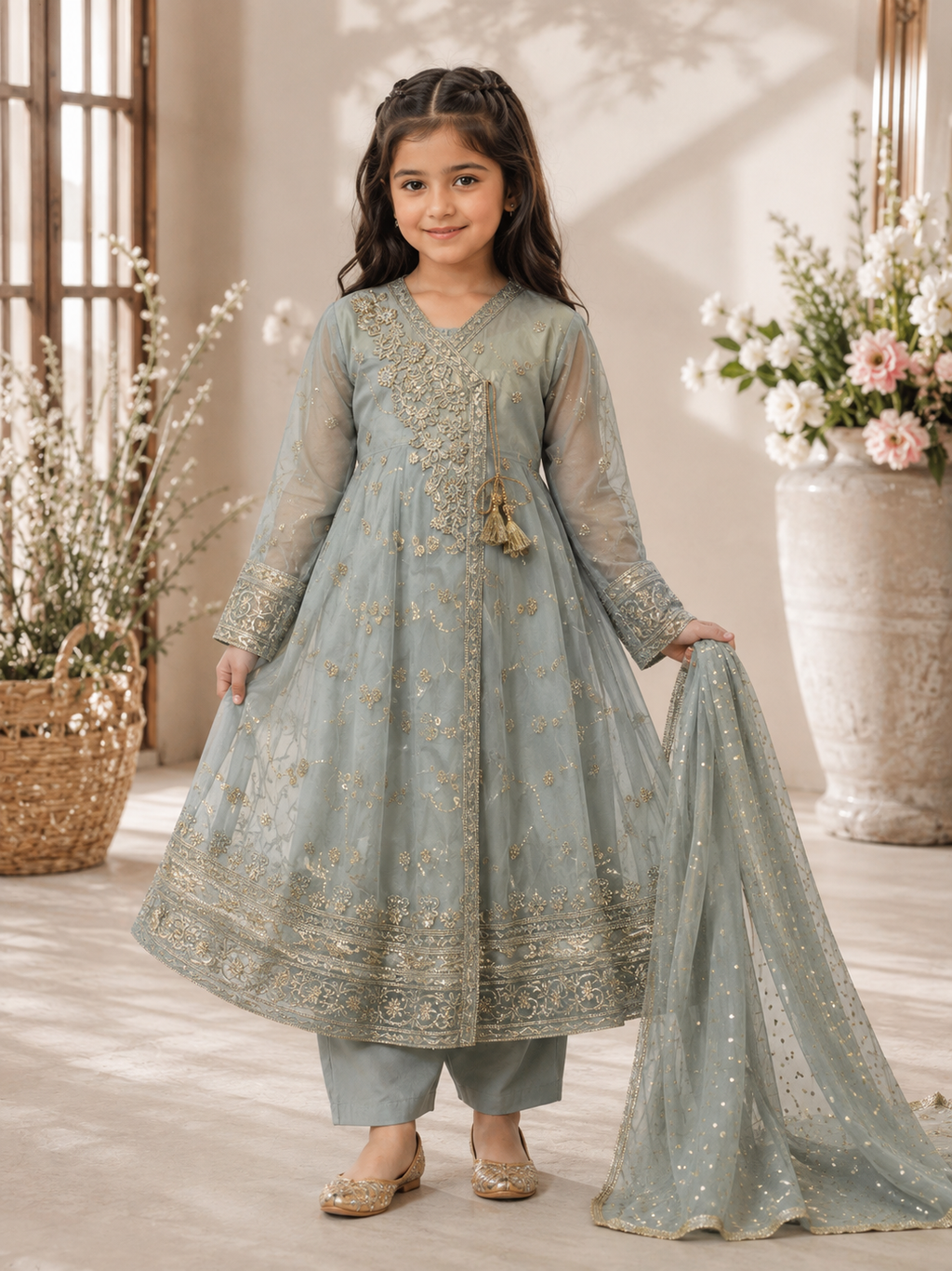 Kids Embroidered Long Mexi – 3 Piece
