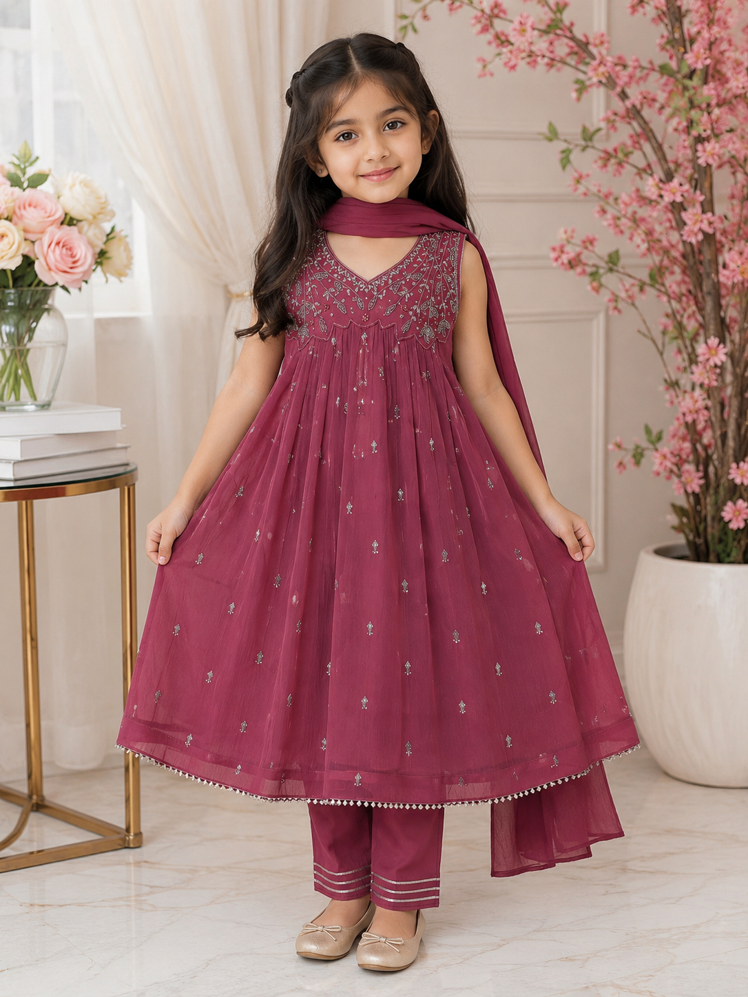 Girls Embroidered Long Frock 3-Piece Suit