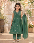 Girls Embroidered Long Frock 3-Piece Suit