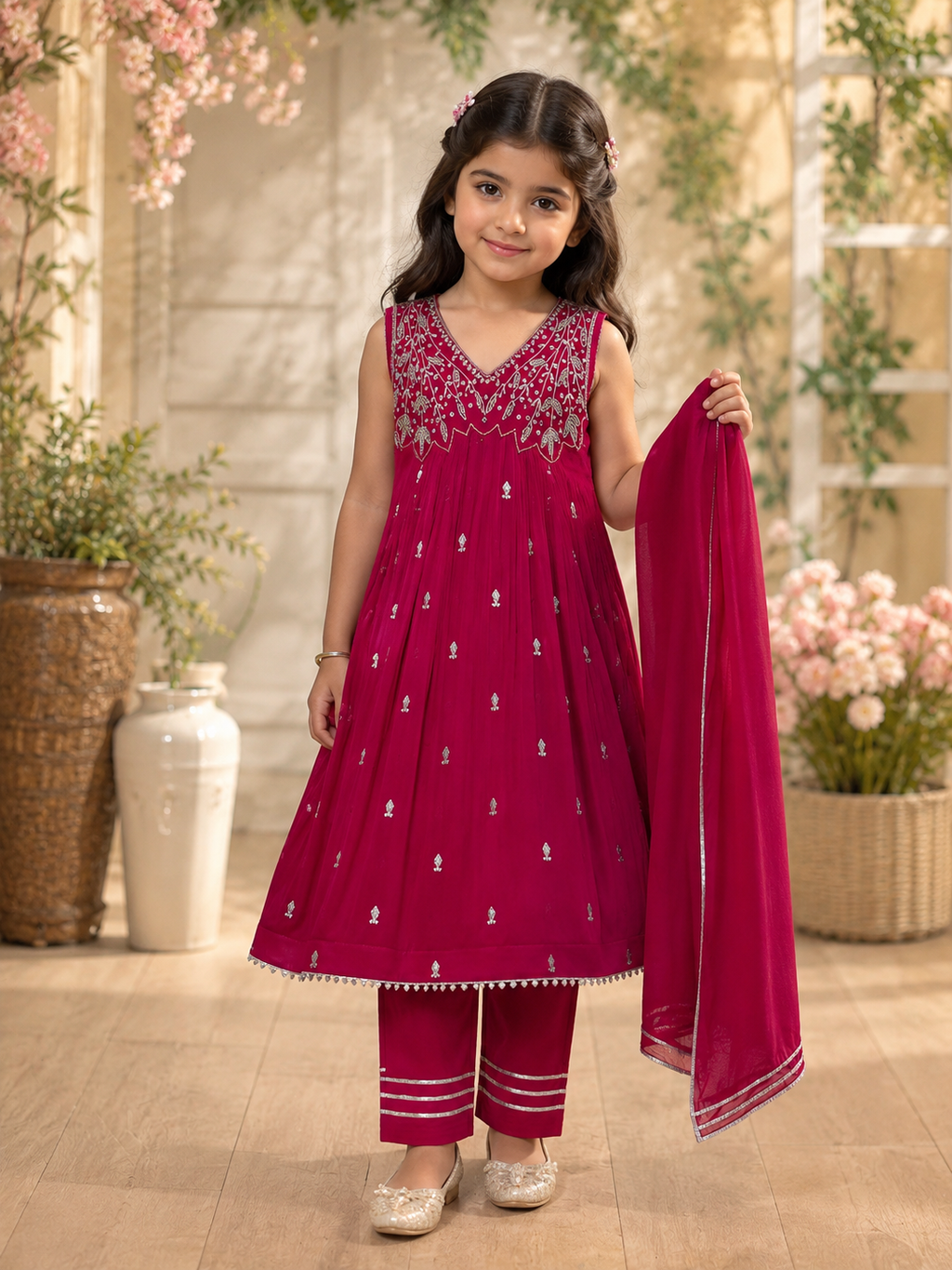 Girls Embroidered Long Frock 3-Piece Suit