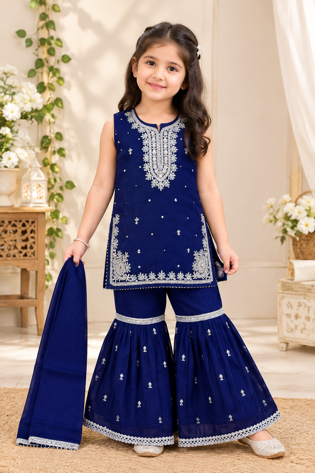 Girls 3-Piece Embroidered Garara Suit with Dupatta | Kids Festive Wear