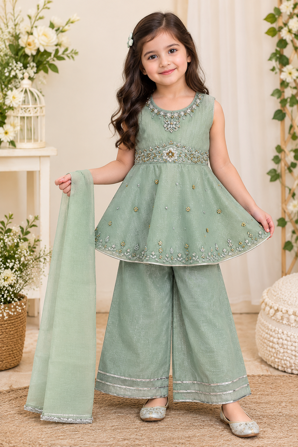 Mint Green 3-Piece Kids Party Wear Suit with Embellished Flared Shirt
