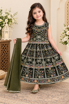 3-Piece Kids Embroidered Lehenga Choli – Olive Green & Deep Plum
