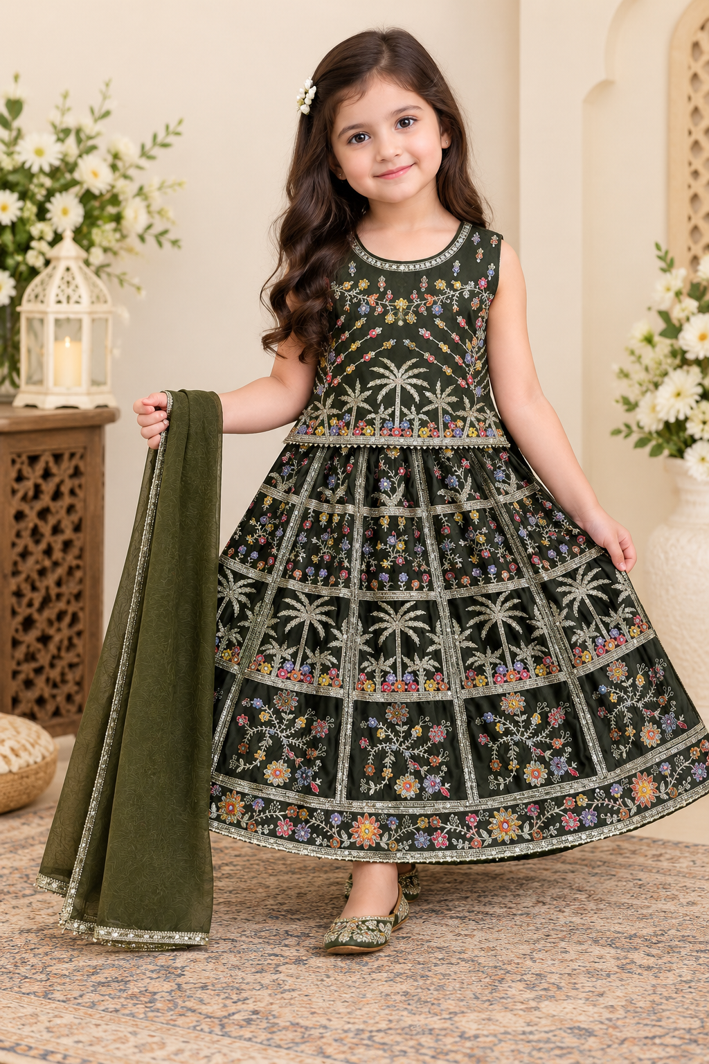 3-Piece Kids Embroidered Lehenga Choli – Olive Green & Deep Plum