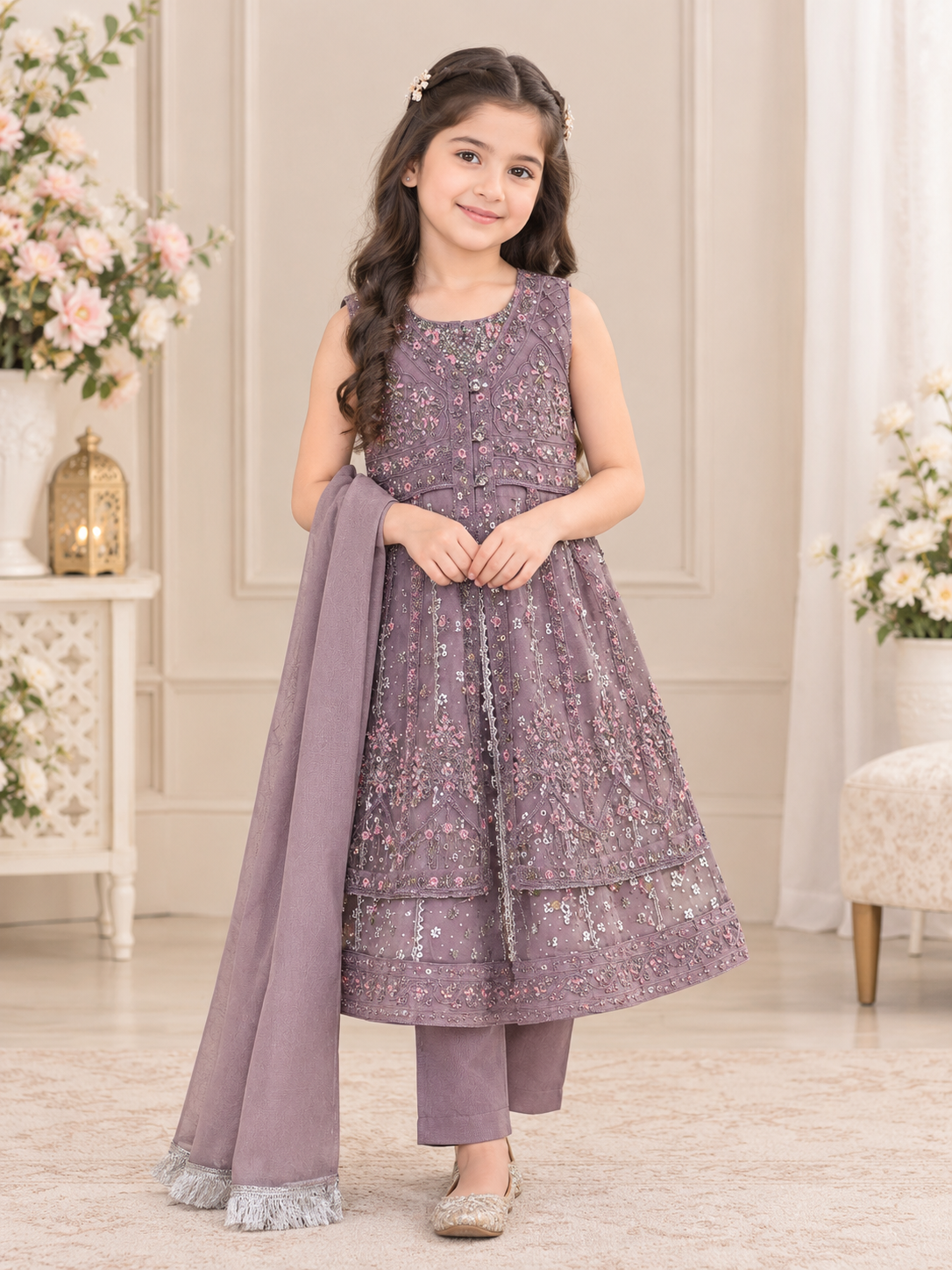 Girls Mauve Embroidered Long Maxi 3-Piece Suit with Trouser & Dupatta